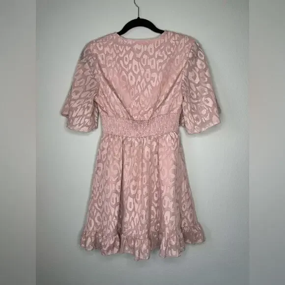 Cute Leopard Print Empire Waist Ruched Flutter Sleeve Mini Dress Pink Size XS - Picture 6 of 8